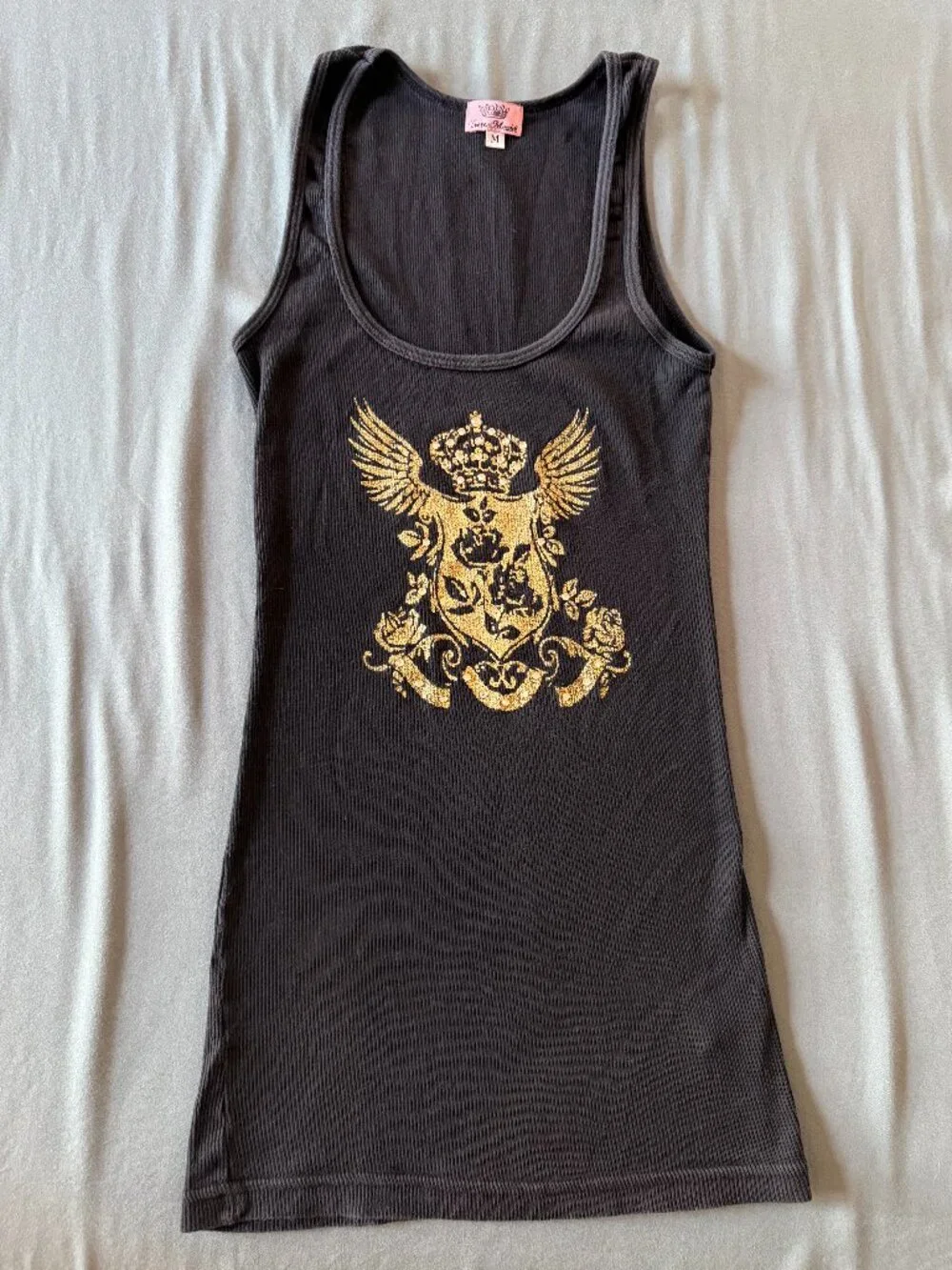 Yvette Mandell black long tank top with gold griffin / shield - Picture 1 of 6